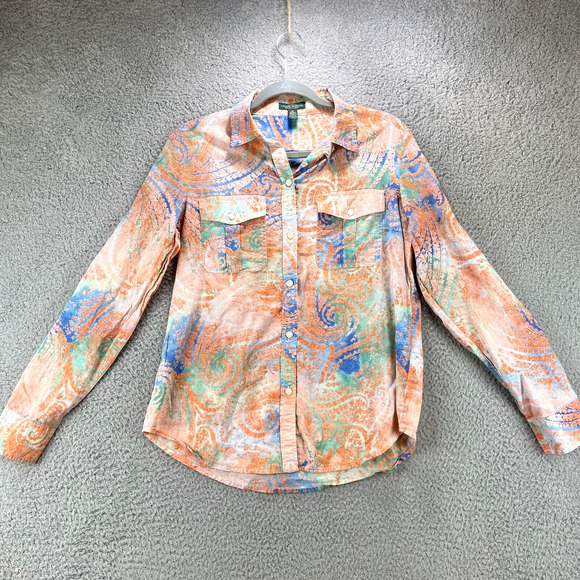 LRL Lauren Jeans Paisley Blouse Medium Boho Colorful Button Up Roll tab Sleeve - Picture 10 of 10
